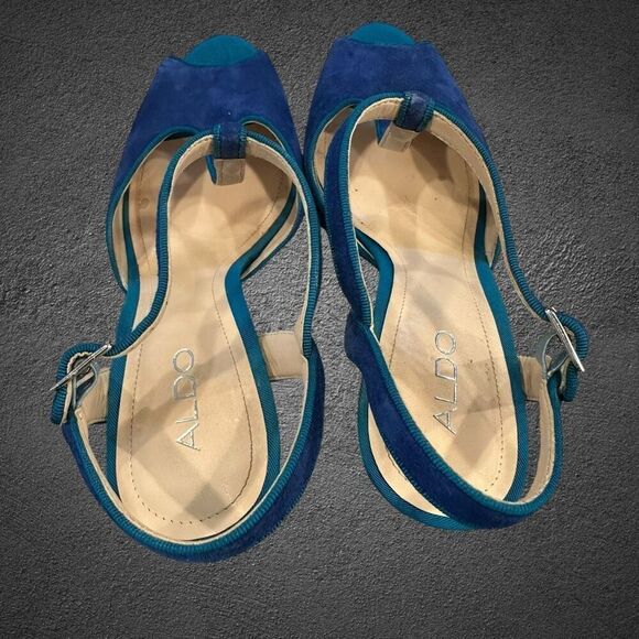 Aldo detamble Women’s size 9.5 EU 40 B Blue suede Ankle Strap 4” inch high heel - Picture 7 of 11